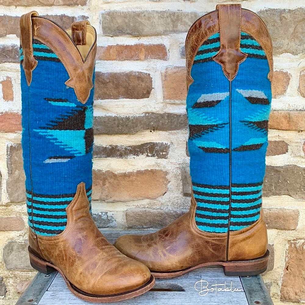 Sold STETSON Serape Blanket Aztec Blue Brown Knee High Western Cowgirl Boots - Picture 1 of 11